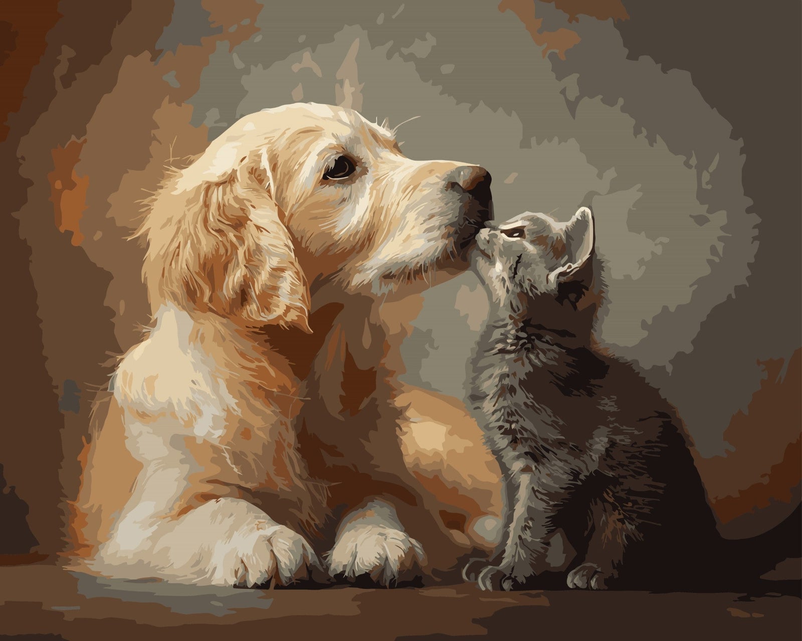 Hund und Katz Freundschaft – Malen nach Zahlen Set für Erwachsene mit Holzrahmen