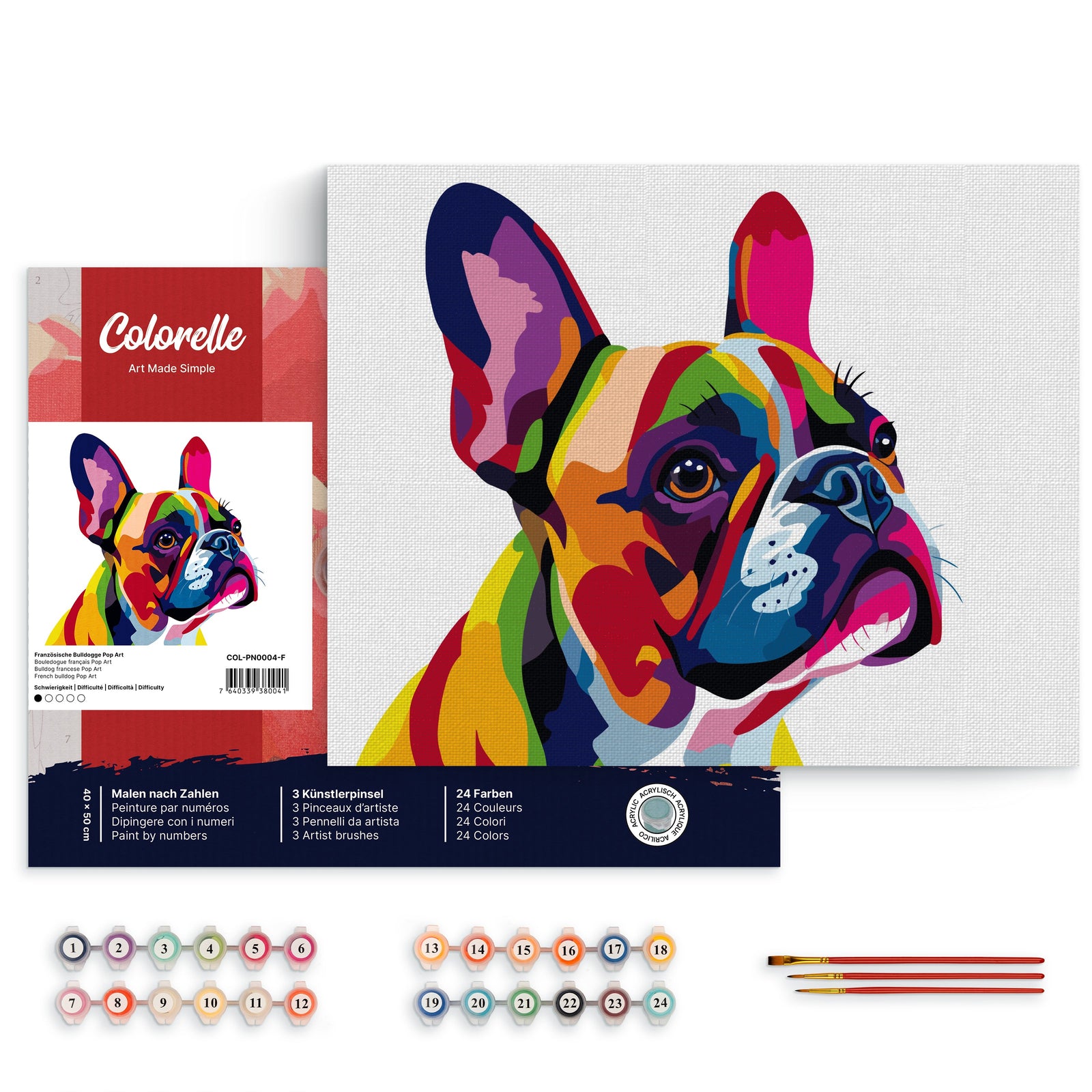 Französische Bulldogge Pop Art – Malen nach Zahlen Set für Erwachsene mit Holzrahmen