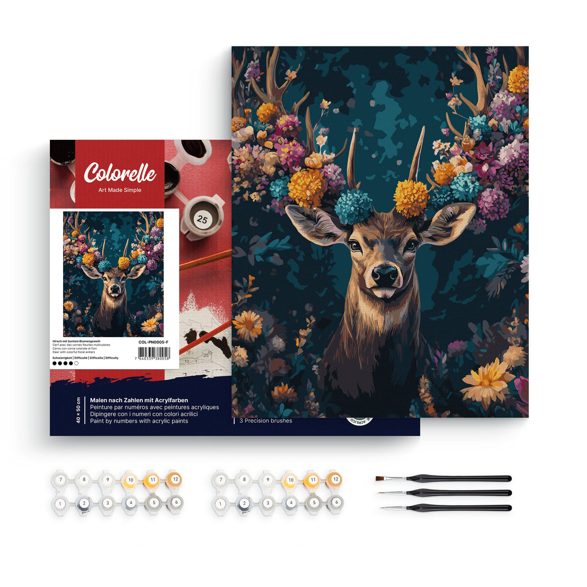 Hirsch mit buntem Blumengeweih