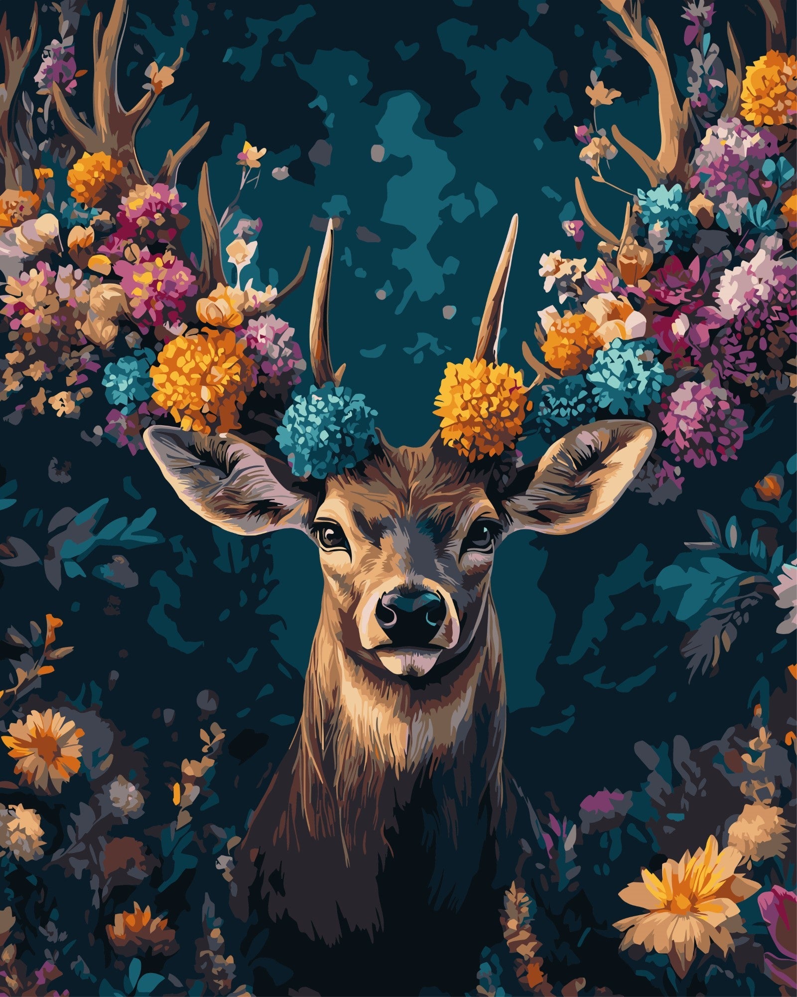 Hirsch mit buntem Blumengeweih – Malen nach Zahlen Set für Erwachsene mit Holzrahmen