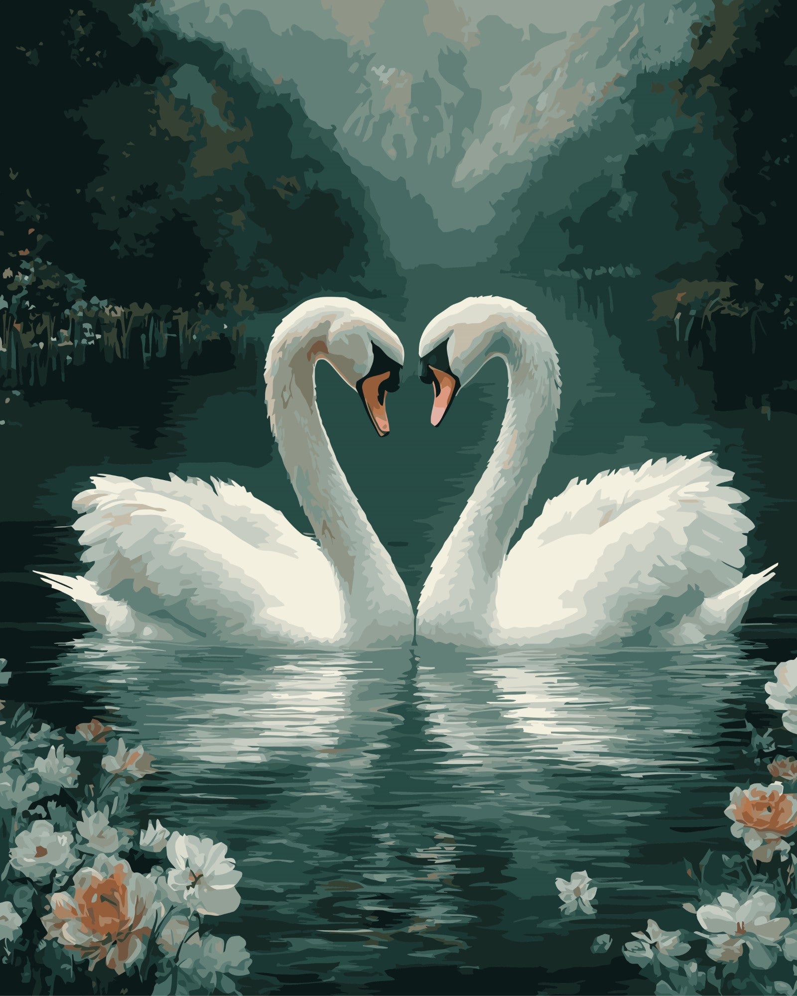 Schwanenpaar verliebt auf dem See – Malen nach Zahlen Set für Erwachsene mit Holzrahmen