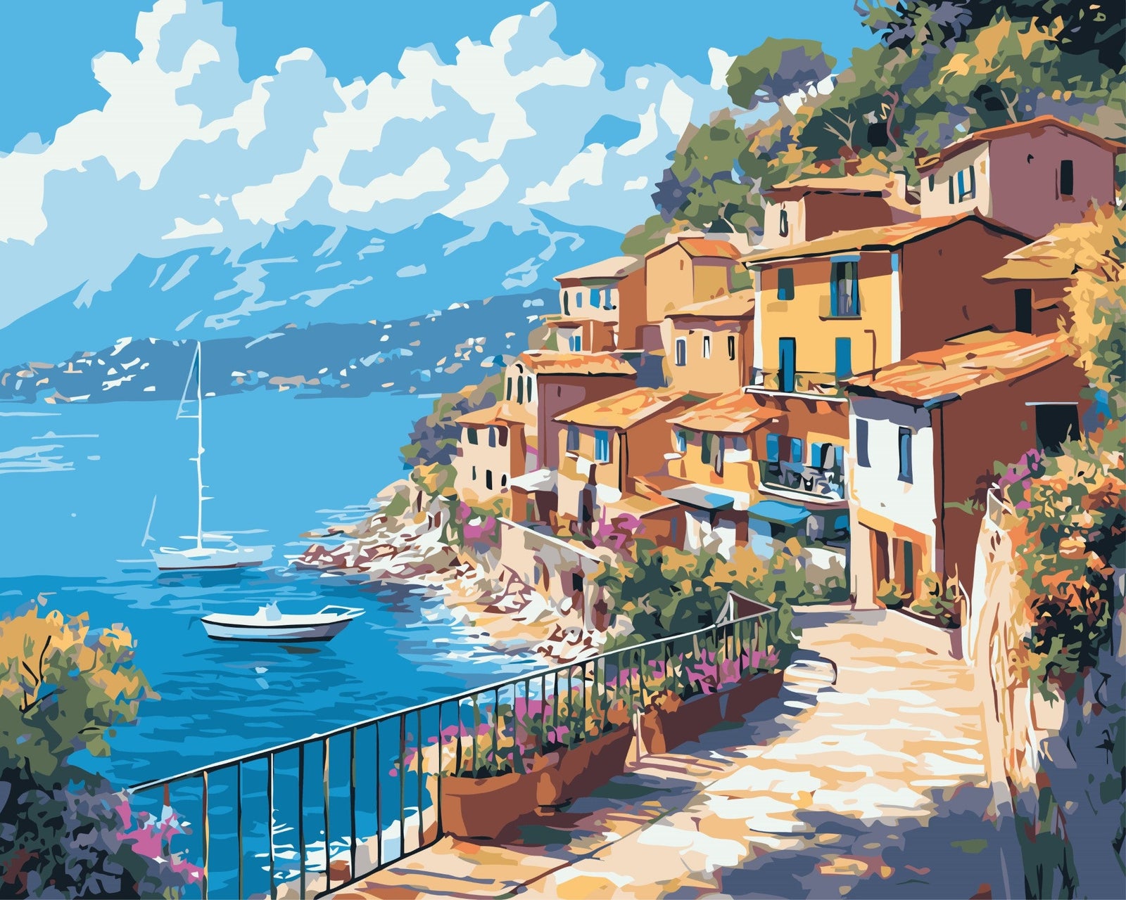 Idyllisches Dorf am Mittelmeer – Malen nach Zahlen Set für Erwachsene mit Holzrahmen