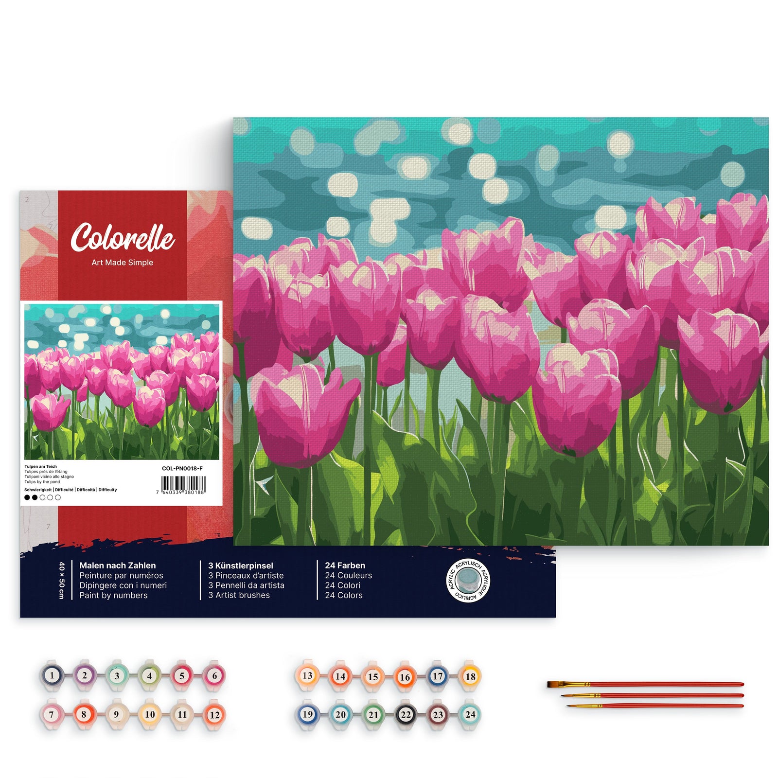 Tulpen am Teich – Malen nach Zahlen Set für Erwachsene mit Holzrahmen