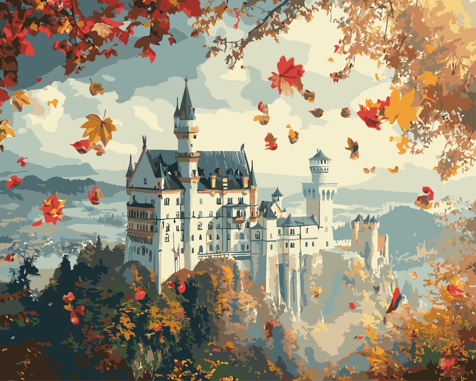 Märchenschloss im Herbst – Malen nach Zahlen Set für Erwachsene mit Holzrahmen