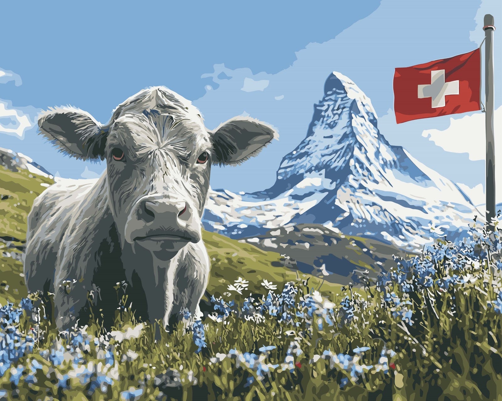 Matterhorn mit Kuh auf der Weide – Malen nach Zahlen Set für Erwachsene mit Holzrahmen