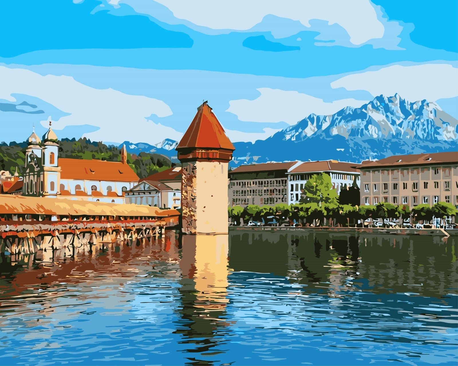 Kapellbrücke Luzern – Malen nach Zahlen Set für Erwachsene mit Holzrahmen