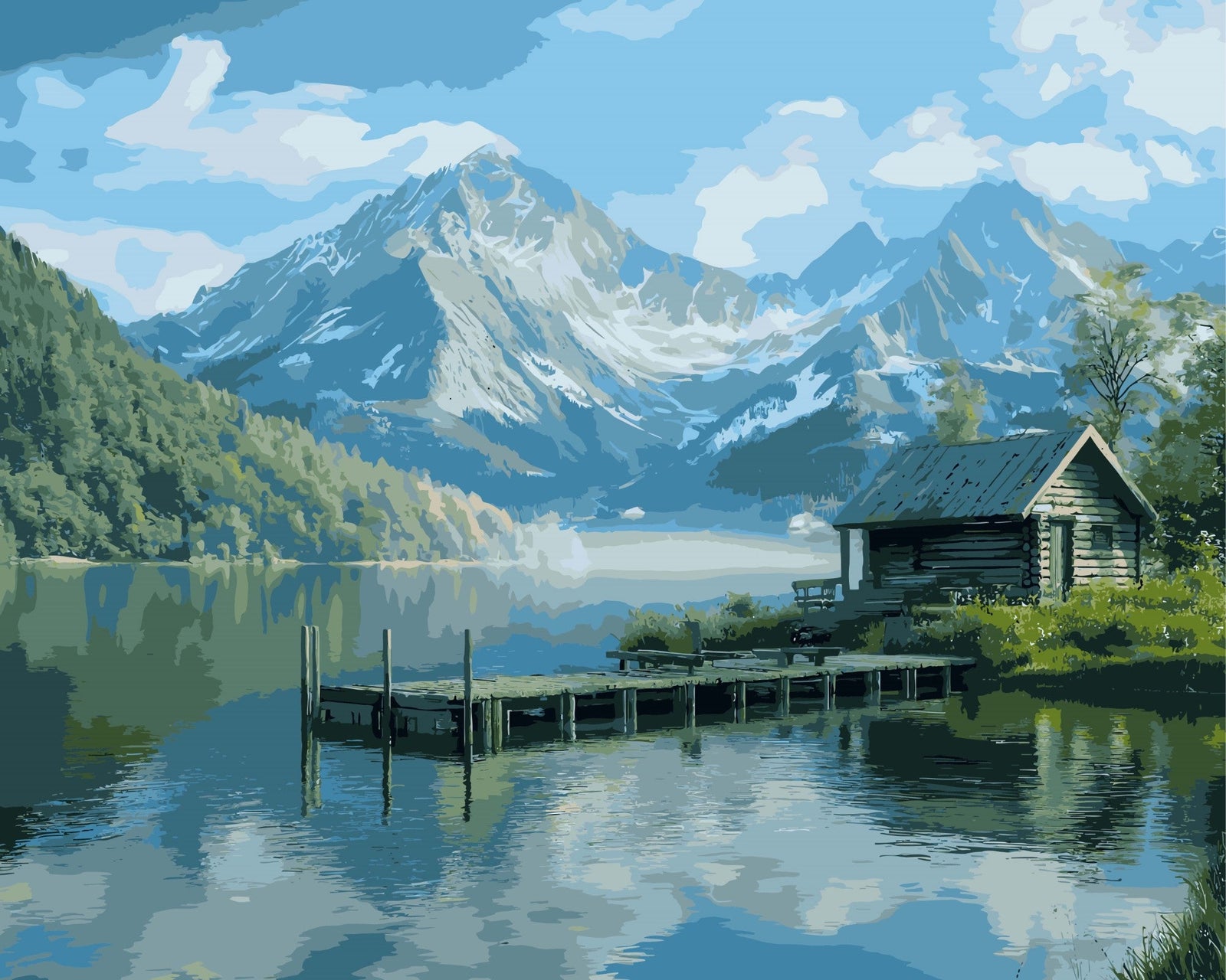 Friedvolle Berglandschaft mit See – Malen nach Zahlen Set für Erwachsene mit Holzrahmen