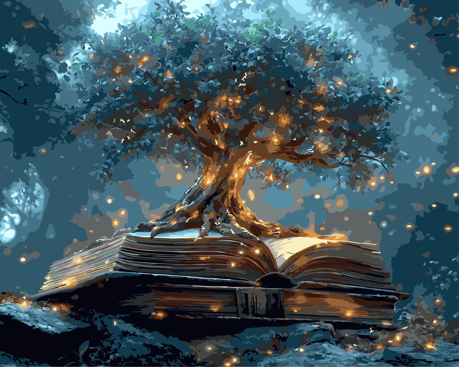 Mystischer Baum auf Büchern – Malen nach Zahlen Set für Erwachsene mit Holzrahmen