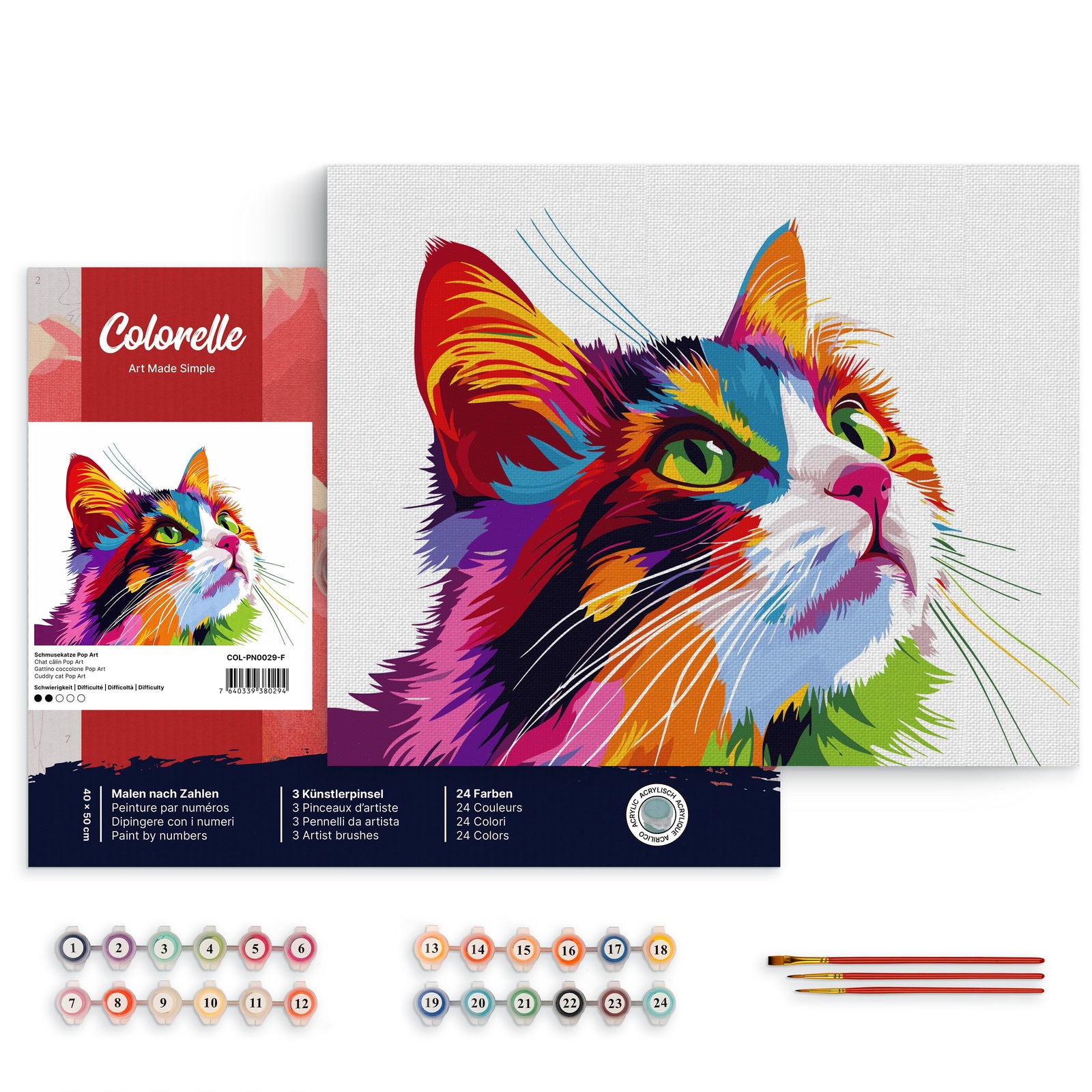 Schmusekatze Pop Art – Malen nach Zahlen Set für Erwachsene mit Holzrahmen