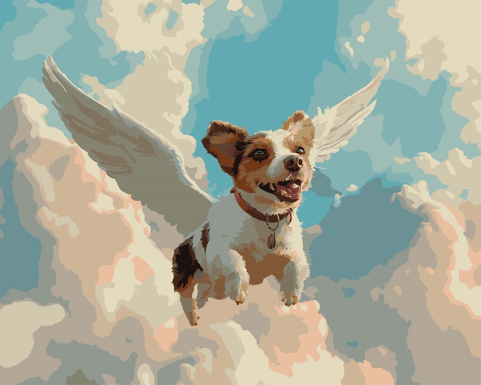 Hündchen mit Engelsflügeln – Malen nach Zahlen Set für Erwachsene mit Holzrahmen