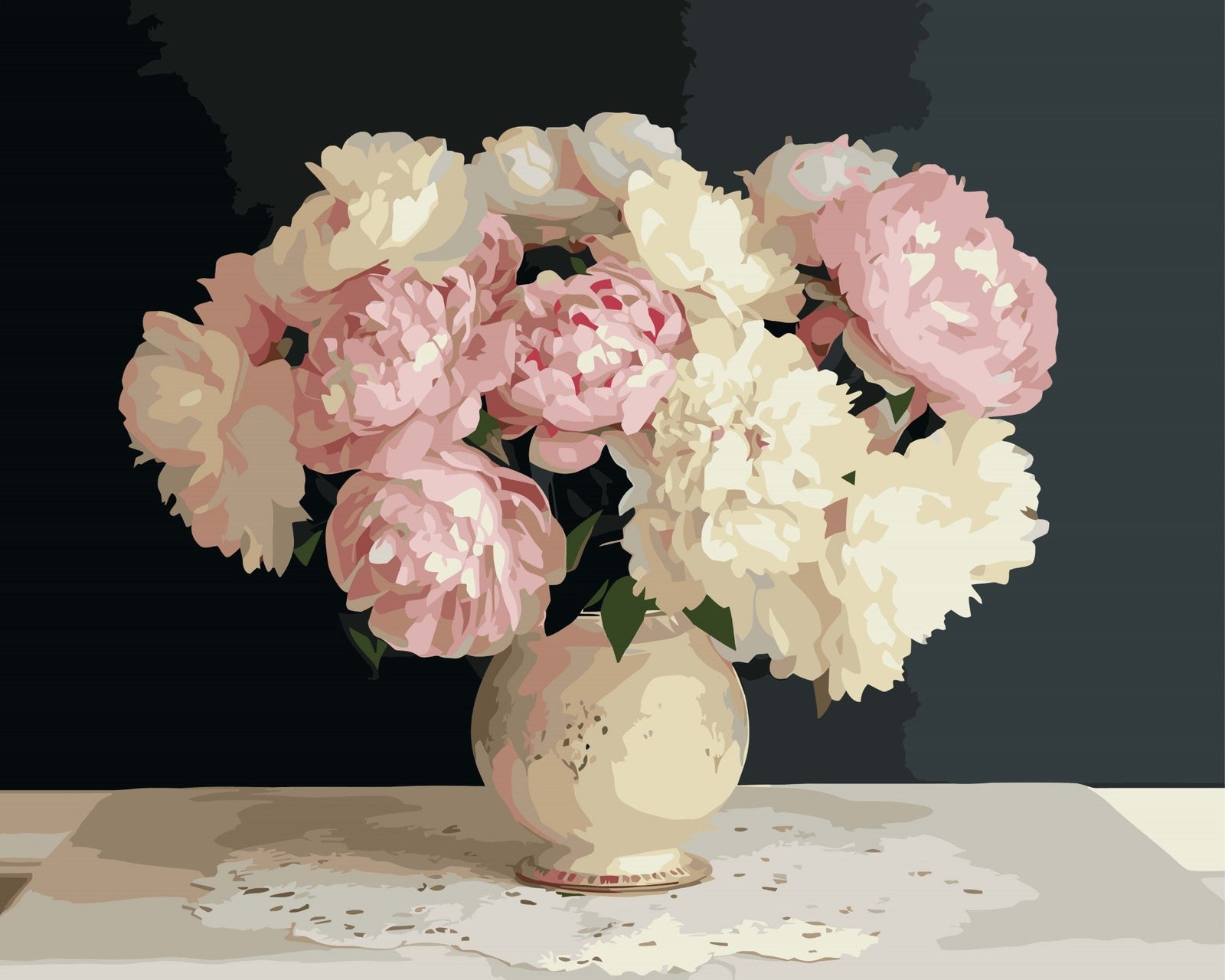 Rosa und weisse Pfingstrosen – Malen nach Zahlen Set für Erwachsene mit Holzrahmen