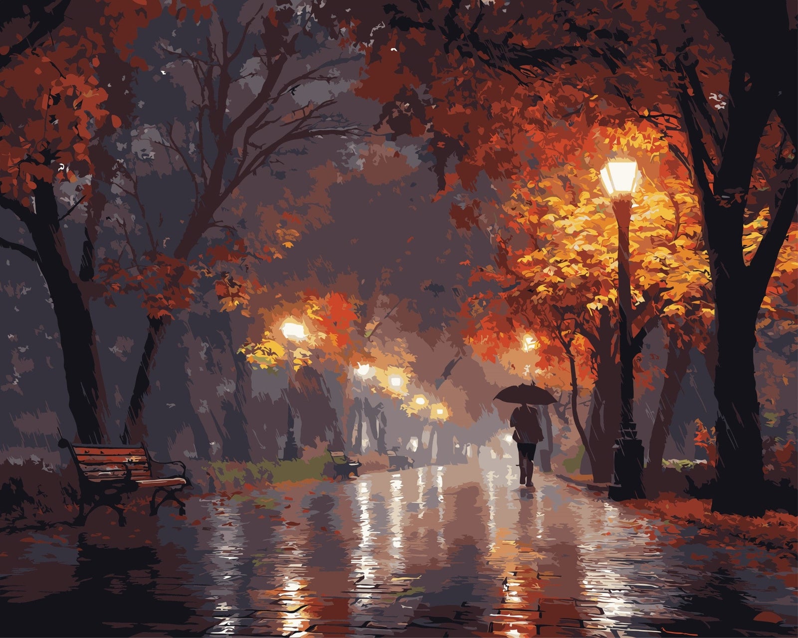 Regnerischer Abendspaziergang – Malen nach Zahlen Set für Erwachsene mit Holzrahmen