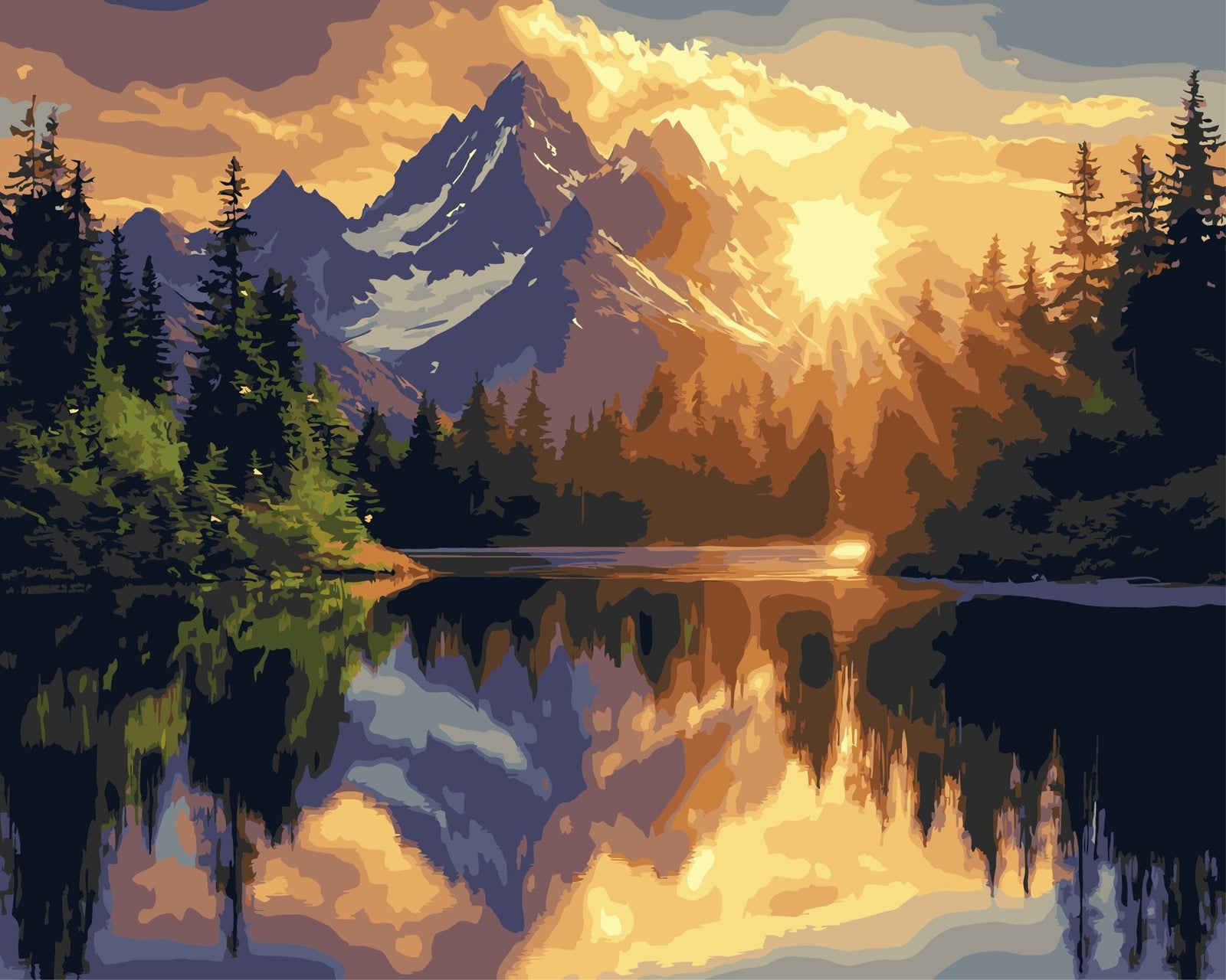 Abendstimmung in den Alpen – Malen nach Zahlen Set für Erwachsene mit Holzrahmen