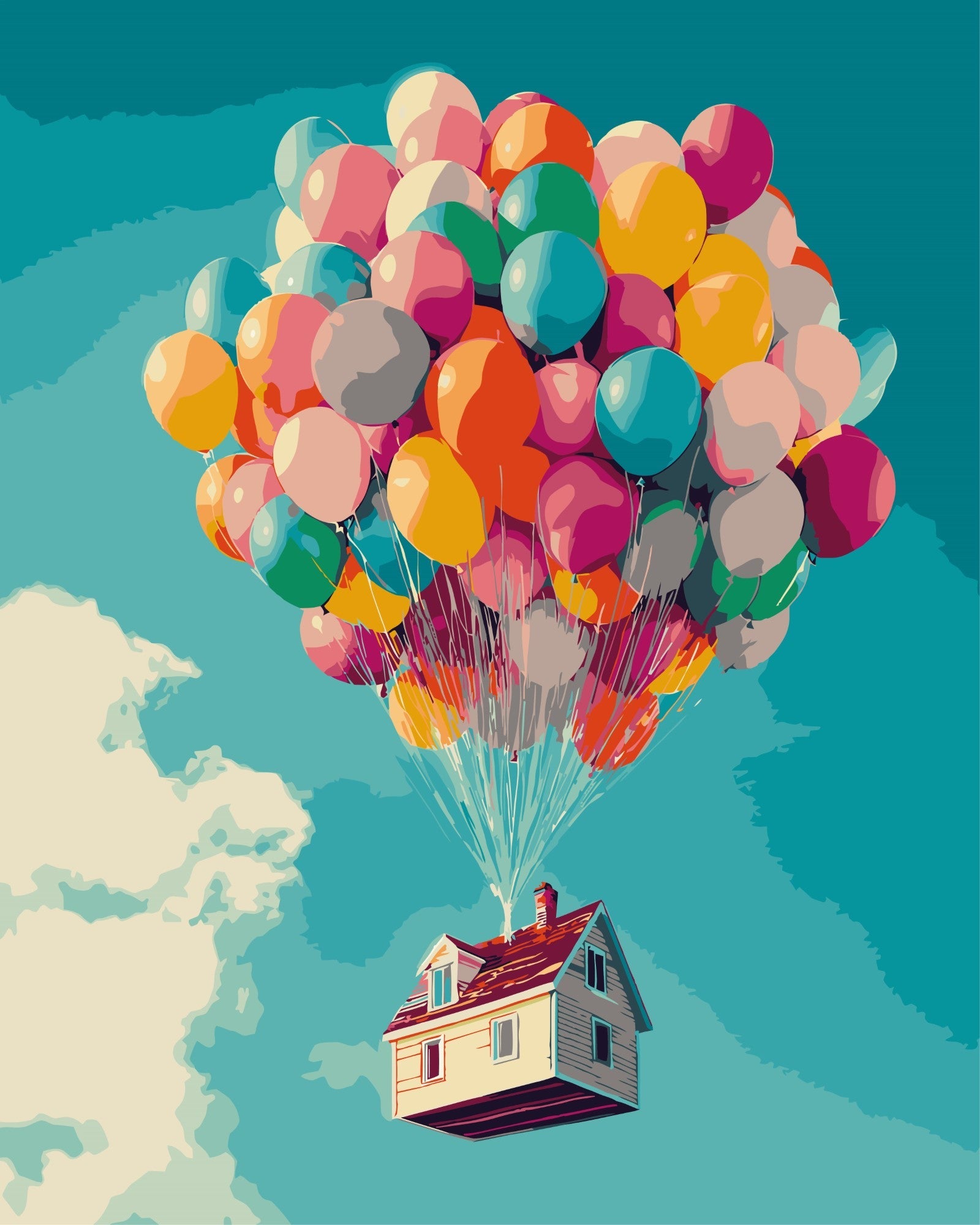Fliegendes Haus mit Ballonen – Malen nach Zahlen Set für Erwachsene mit Holzrahmen