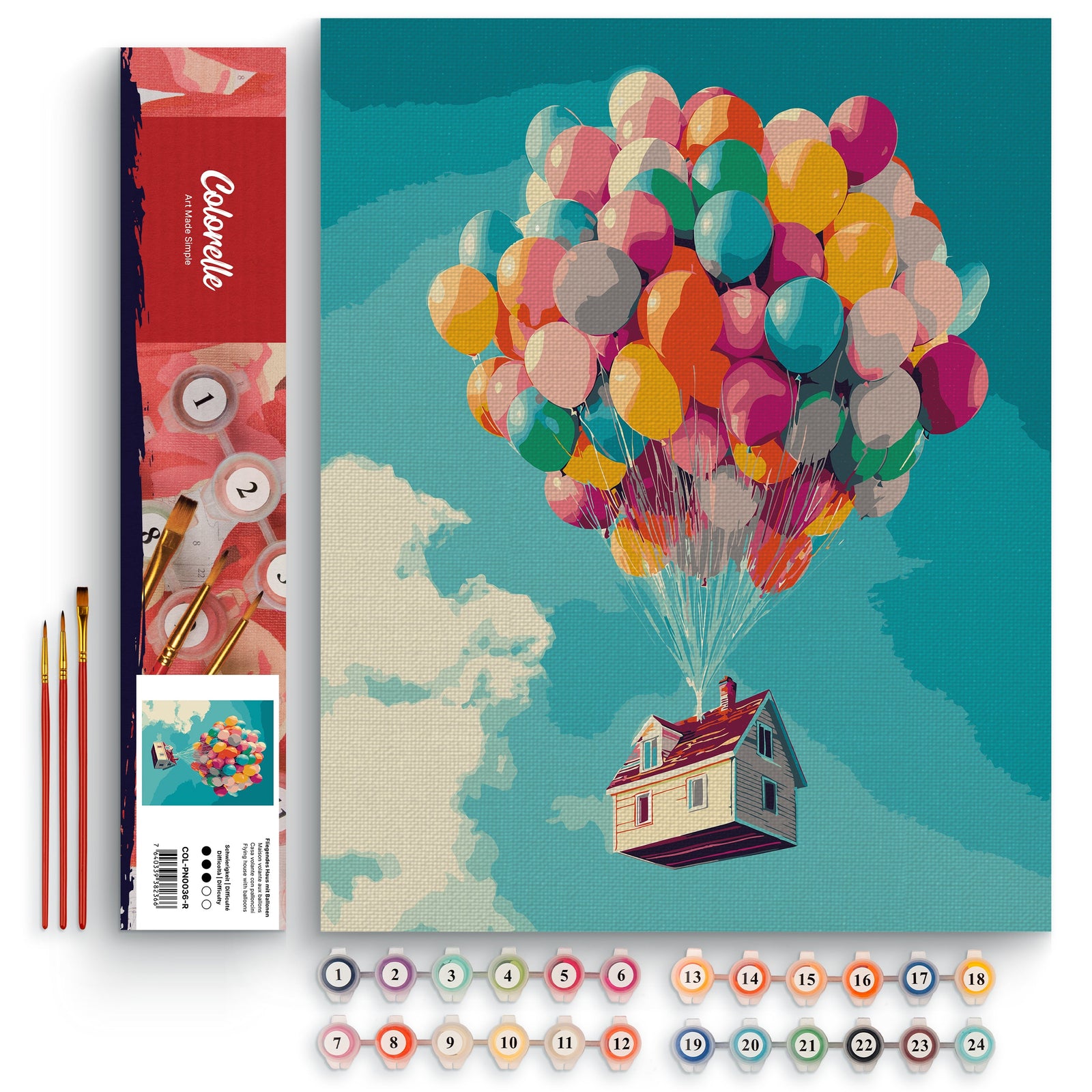 Fliegendes Haus mit Ballonen – Malen nach Zahlen Set für Erwachsene