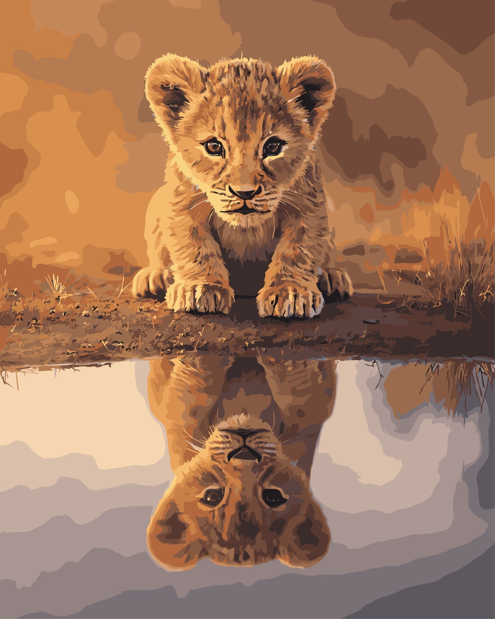 Löwenbaby am Wasserloch – Malen nach Zahlen Set für Erwachsene mit Holzrahmen