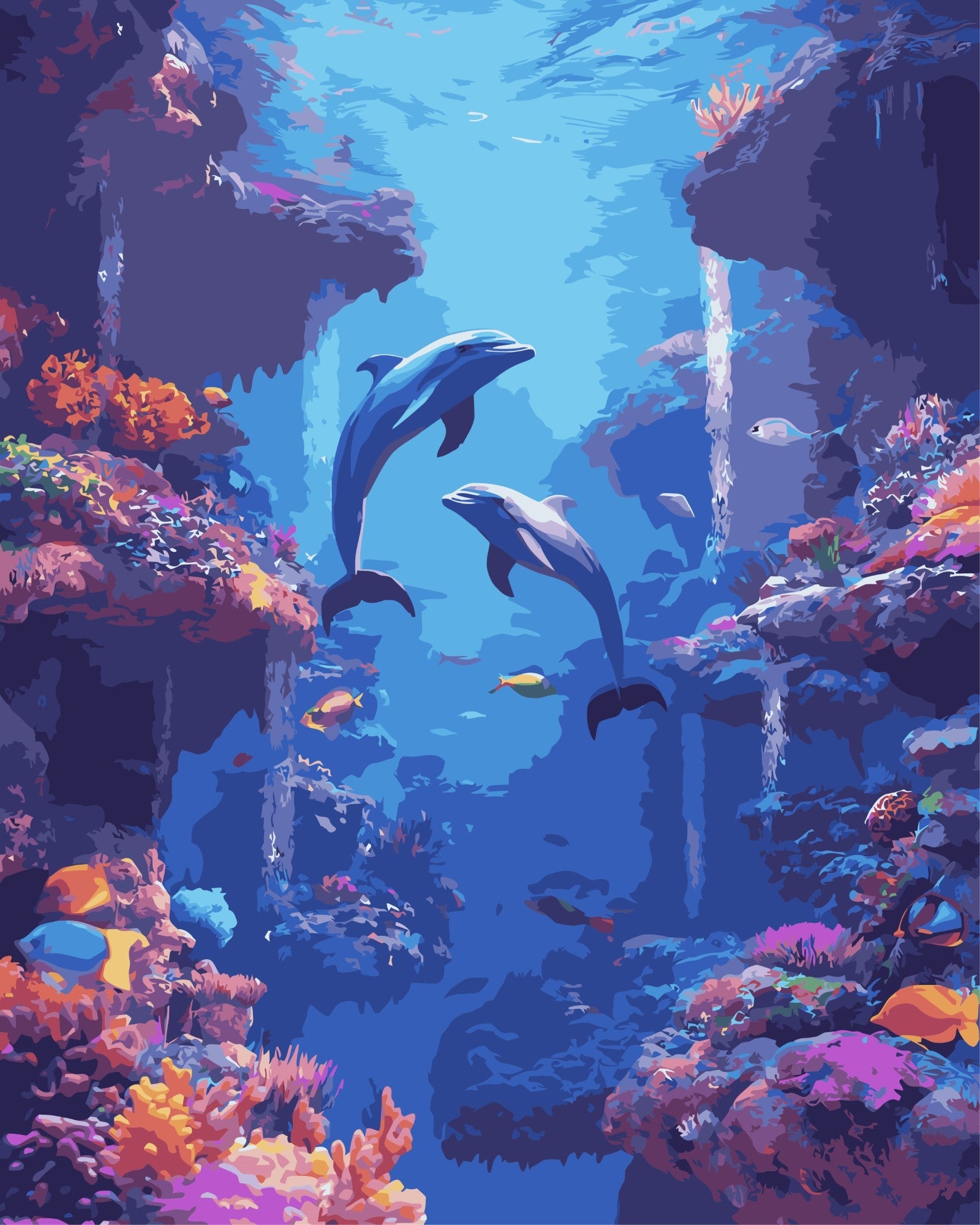 Unterwasserwelt mit Delfinen – Malen nach Zahlen Set für Erwachsene mit Holzrahmen